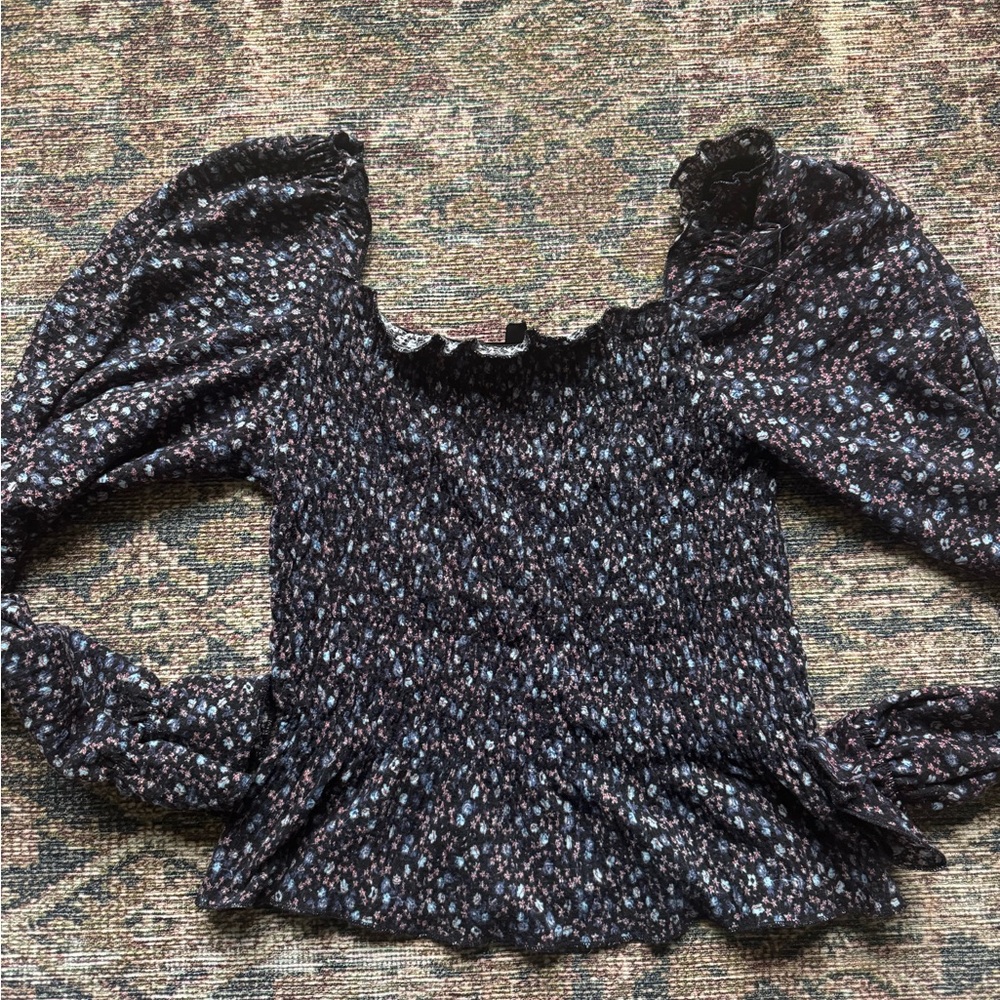 Topshop Black and White Puff Sleeve Blouse with Smocked Ruffled Peplum